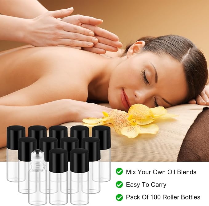 Cositina 100 Pcs Essential Oils Roller Bottles Mini Refillable Glass Perfume Bottles with Roller Balls for Home Travel - 3ml