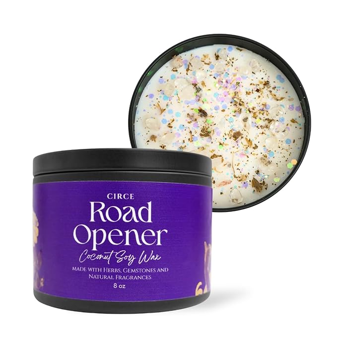 Circe Spell Candle “Road Opener” Coconut Soy Wax Candle Jar – Premium Hand Poured & Long Burning – Herbs, Crystals & Natural Fragrance Oils -Clear Blockages & Amplify Intentions - Self Care, Gift- 8oz