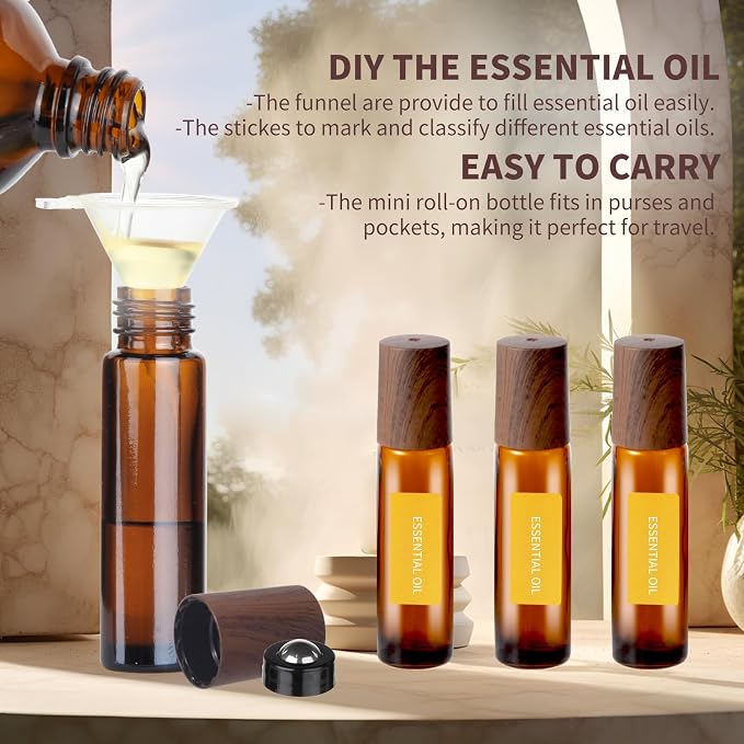 Hyber&Cara 10ml Glass Roll-on Bottles – 12-Pcs Essential Oil Roller Bottles with Stainless Steel Roller-Balls, Perfect for Fragrance & Aromatherapy (Includes 3 Bottle Opener, 1 Sticker, and 3 Funnel)