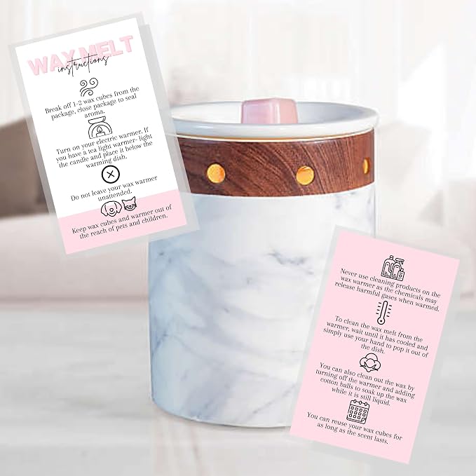 Wax Melt Care Instruction Cards | 50 Pack | 2x3.5” Business Card Wax Melt Supplies Homemade Customer thank you for Warmer Minimalist White and Pink How To Care for wax cube clamshell wickless candle