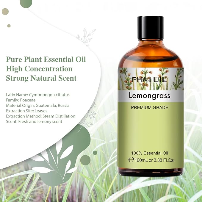 PHATOIL 100ML Lemongrass Essential Oil, 3.38FL.OZ Essential Oils for Diffuser, Humidifier, Aromatherapy, Lemongrass Oil Scented Oils for Soap, Candle Making