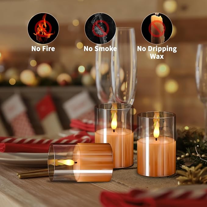 VIODAIM 6Pack Glass Flickering Flameless Candles with Remote, 2"X3" Real Wax Votive Candles Battery Operated, Small Electric LED Candles for Wedding Home Decor, w/4 Timers+2 Lighting Modes [Gold]