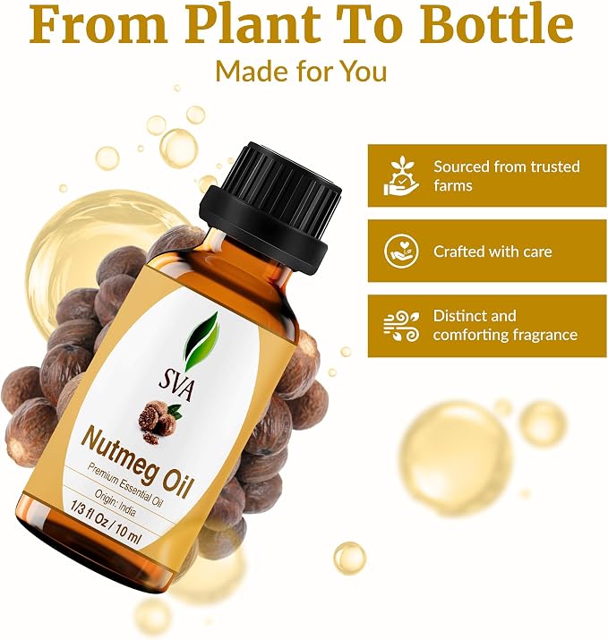 SVA Nutmeg Essential Oil – 1/3 Fl Oz – 100% Natural Nutmeg Oil - for Diffuser, Hair Care, Face, Skin Care, Aromatherapy, Scalp and Body Massage, Soap and Candle Making