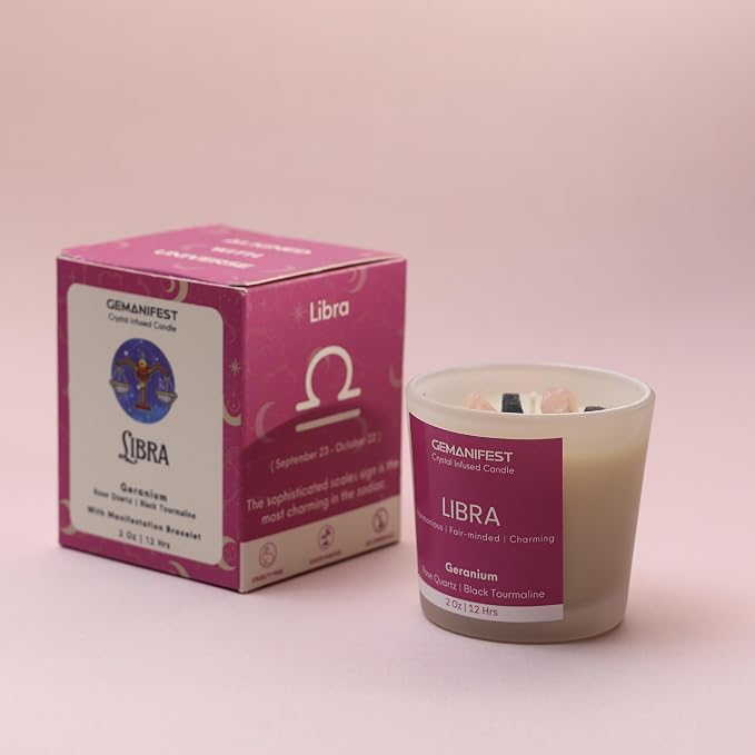 Libra Zodiac Candle with Bracelet Birthday Gifts for Libra Women Men Soy Geranium Scented Manifestation Crystal Candles Astrology Gifts Birthstone Candle