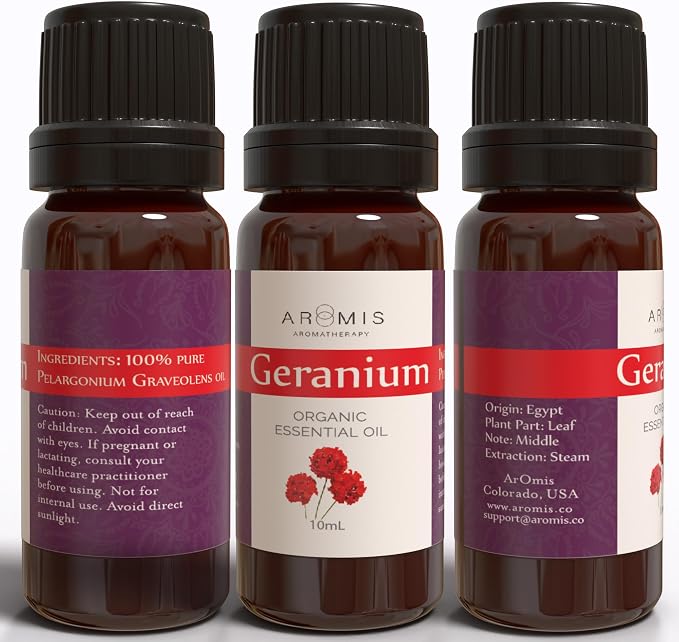 ArOmis Geranium Essential Oil - Organic - 100% Pure Therapeutic Grade - 10ml (.34 Fl Oz), Undiluted, Premium 150 Micron Filtered for Nebulizer Use