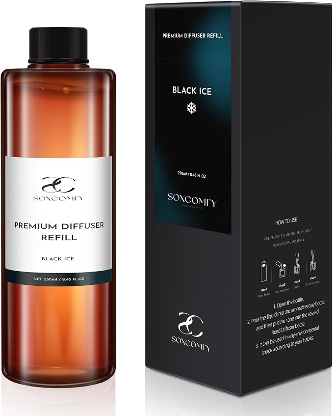 Diffuser Oil Refill, 250ml / 8.45 fl oz, Black ICE - Reed & Aromatherapy Diffuser Oil, Long-Lasting Home Fragrance, Grapefruit, Jasmine & Cedar Notes