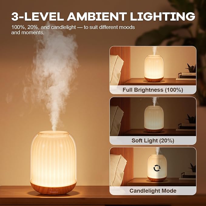 Essential Oil Diffuser with Night Lamp | 120ml USB Portable Aroma Diffuser with Wood-Grain Base & Glass-Look Cover | Humidifier with Lights | Small Humidifier for Bedroom, Office | Room Décor | Gift