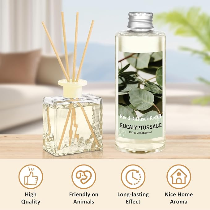 STRN Reed Diffuser Oil Refill, Eucalyptus Sage Scented Reed Diffuser Set, 6.8 fl.oz（200ml）, Reed Diffuser Refill for Summer Home Fragrance, Bedroom, Bathroom Office Home Decor