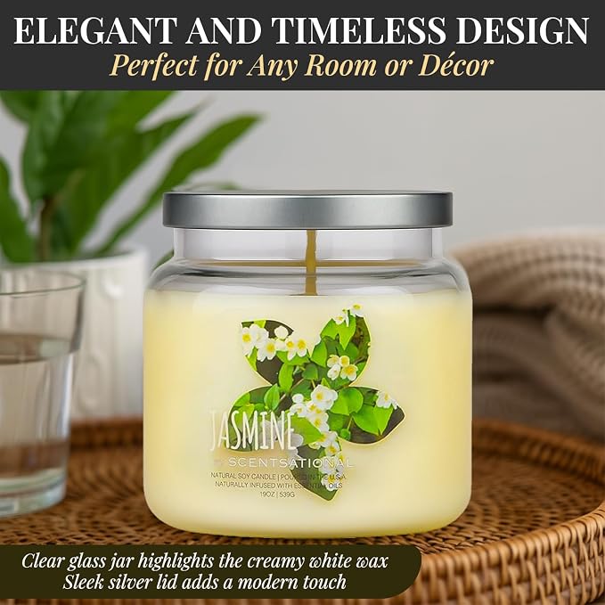 Scentsational Jasmine Candle – Large 19 Oz Hand-Poured Soy Candle in Elegant Glass Jar – Non-Toxic Decorative Candles with Clean Burn – Jasmine Scented Candles for Relaxation, Gifting & Home Décor