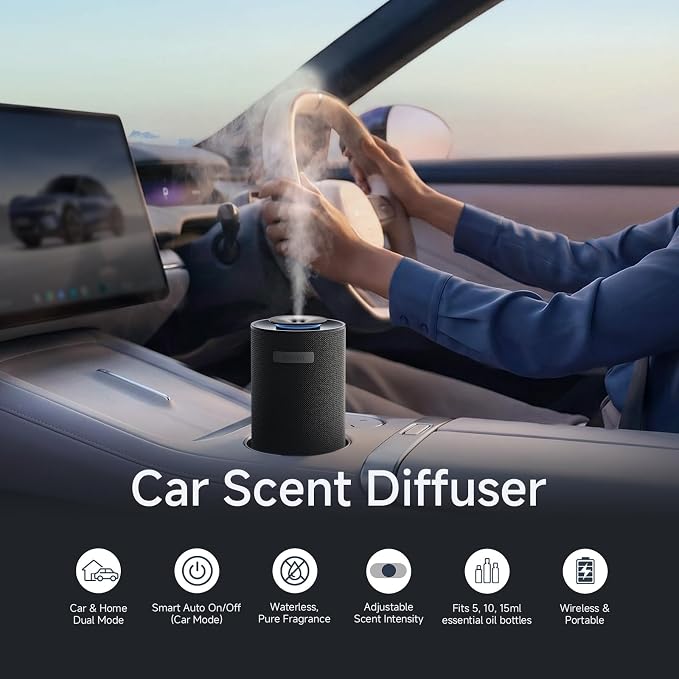 Car Scent Diffuser with Smart Auto Start-Stop Sensor, Waterless Car Essential Oil Diffuser for Home, Cordless Rechargeable Portable Air Freshener, Adjustable Scent Modes, Fits 5/10/15ml