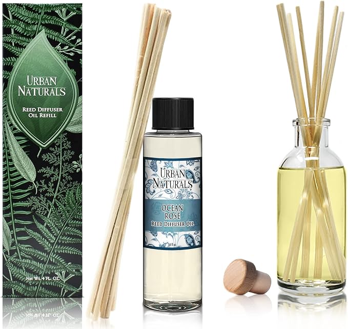 Urban Naturals Reed Diffuser Oil Refill, Ocean Rose Diffuser Oils with Rose, Lemongrass, Basil, 4 oz + Free Reed Sticks, Made in the USA