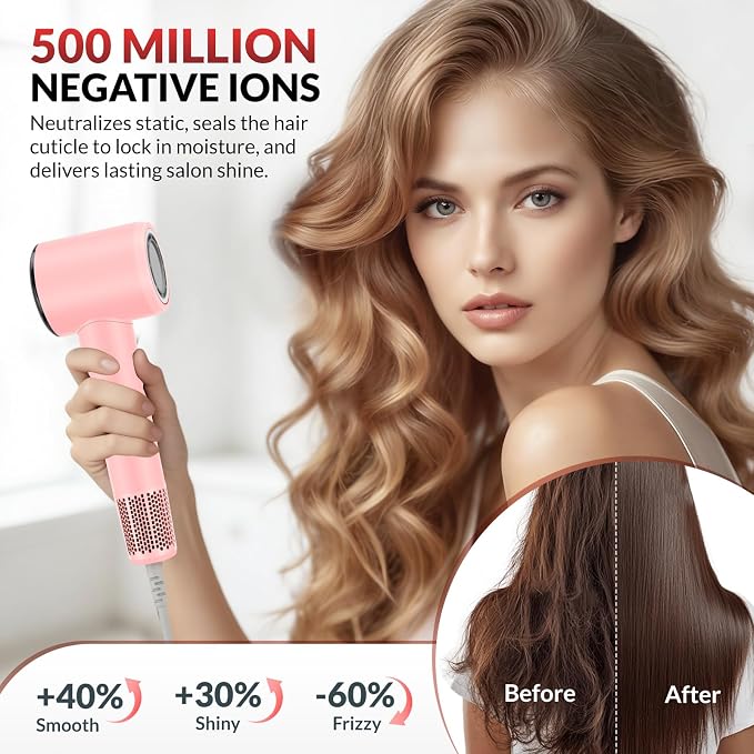 Chignon Hair Dryer with Diffuser, Ionic Travel Hairdryer with 160,000 RPM High-Speed Motor for Fast Drying, 1600W Lightweight Blow Dryer with Concentrator for Women Men, Professional Salon Home, Pink