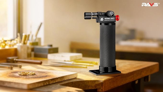 RAVS Butane Torch Lighter, DUAL Flame Mode Kitchen Torch with Adjustable Flame, Refillable Creme Brulee Torch for Baking, Cooking, Metal Body Soldering Torch, Black/Red, Butane Gas Not Included