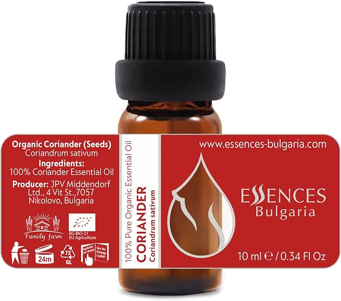 Essences Bulgaria Organic Coriander Essential Oil 1/3 Fl Oz | 10ml | Coriandrum sativum | 100% Pure and Natural | Undiluted | Therapeutic Grade | Family Owned Farm | Steam-Distilled | Non-GMO | Vegan