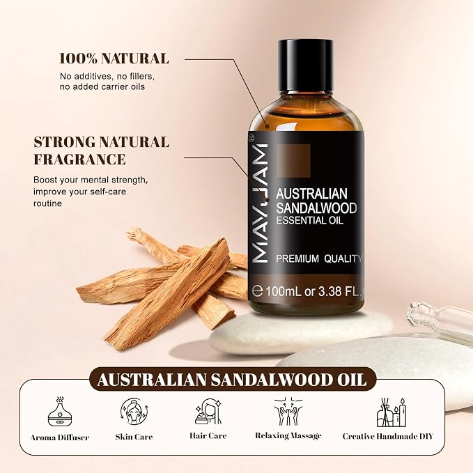 MAYJAM Australian Sandalwood Essential Oils 3.38 FL.OZ Pure Australian Sandalwood Oil for Massage Skin Care Hair Care Diffuser Candle and Soap Making - 100ml