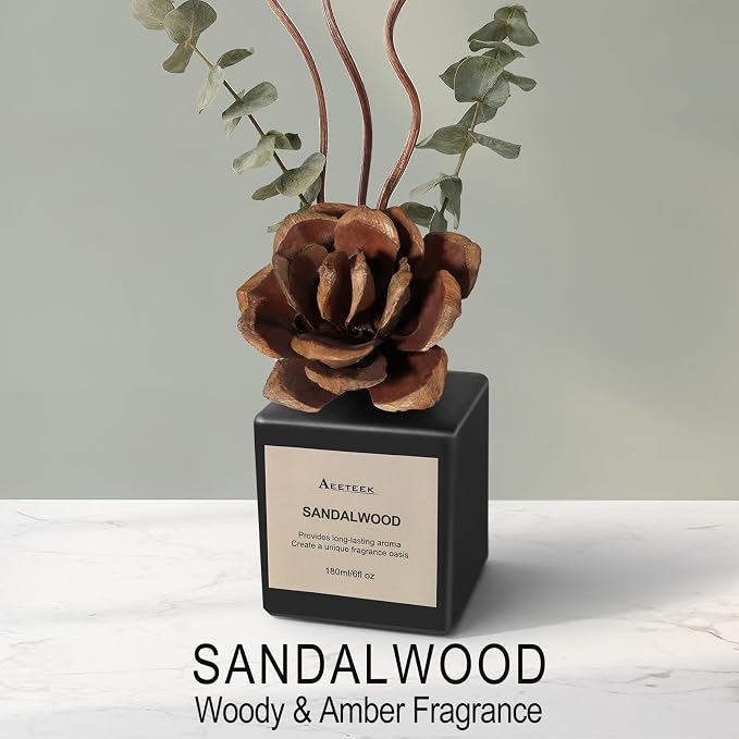 Reed Diffuser Set, Sandalwood & Cedarwood Scented Oil with Dried Flowers, 6.09 Fl Oz(180ml) Long Lasting Air Freshener with Diffuser Sticks, Home Fragrance for Bathroom Decor