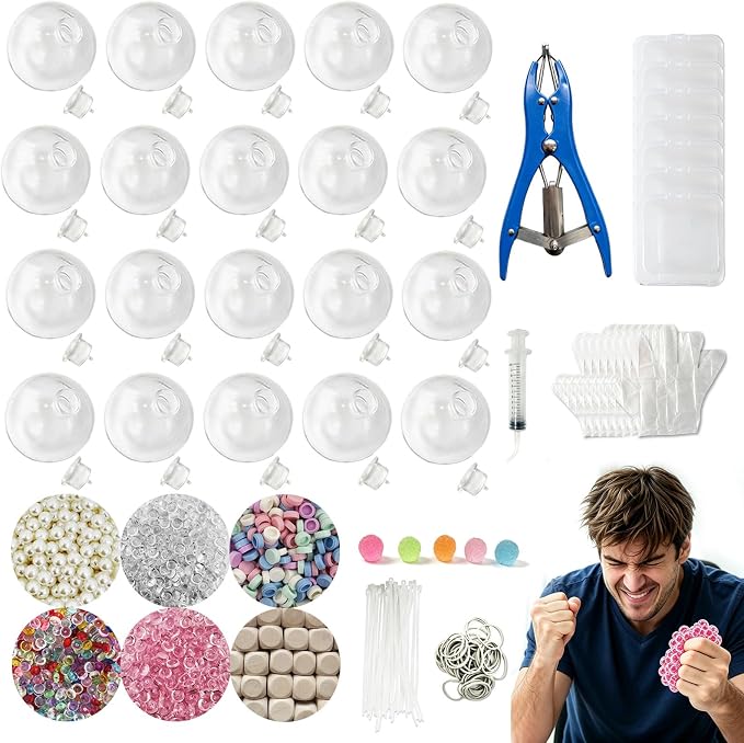 20 Sets DIY Stress Ball Making Kit,Empty Squishy Stress Balls Making Kit with 2.3" Clear TPR Skin Stress Ball,Fill Beads Balloon Expander Tool for Anxiety Relief Create Crunchy Relaxing