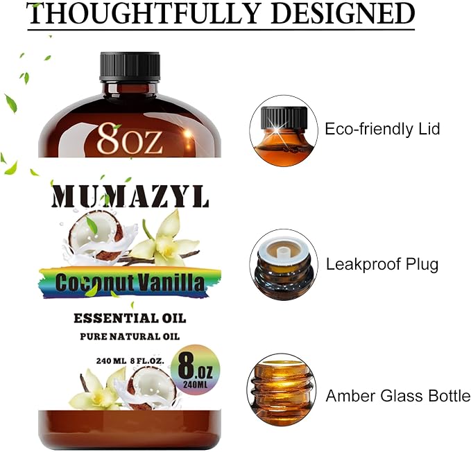 Coconut Vanilla Essential Oil, Coconut Vanilla Oil 8 Fl Oz 240ML for Diffuser Humidifier Yoga Cleaning DIY Candle Soap Making MUMAZYL Essential Oils