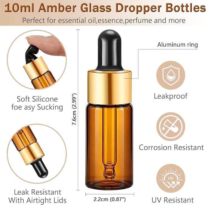 Elfenstall- 10pcs 10ml 1/3oz Gold Amber Glass Bottle Sample Vial with Glass Eye Dropper Refillable Containers for Essential oils Perfume oils or other Liquids