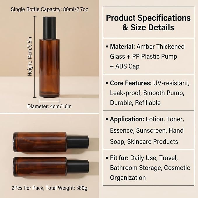 2 PCS 80/2.7oz Amber Glass Travel Bottles with Black Pump, Leakproof Lotion Dispenser for Essential Oil, Cream, Shampoo, Body Wash & Travel Toiletries