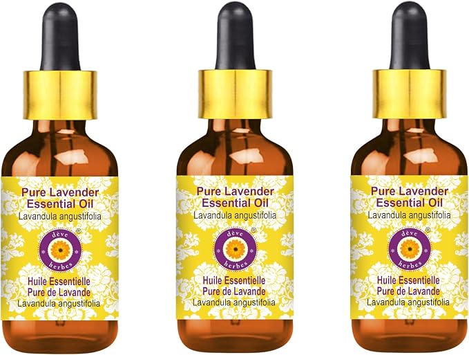 Deve Herbes Pure Lavender Essential Oil (Lavandula angustifolia) (Made in France) with Glass Dropper Steam Distilled (Pack of Three) 100ml X 3 (10 oz)