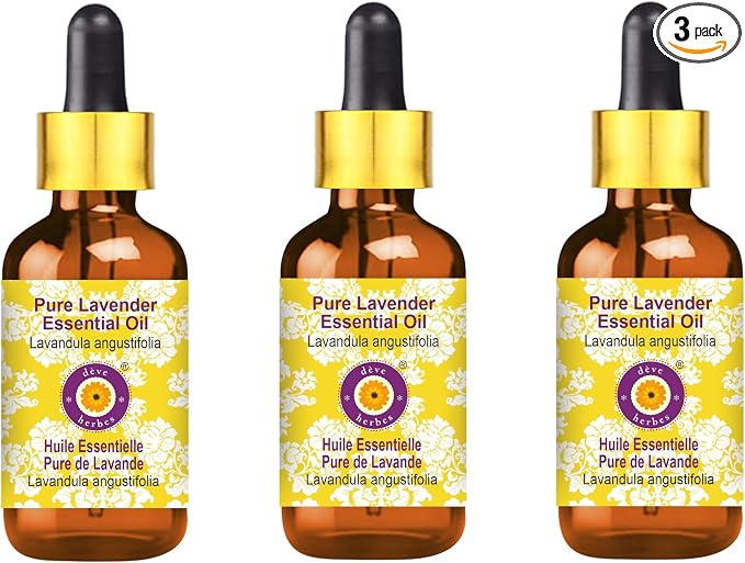 Deve Herbes Pure Lavender Essential Oil (Lavandula angustifolia) (Made in France) with Glass Dropper Steam Distilled (Pack of Three) 100ml X 3 (10 oz)