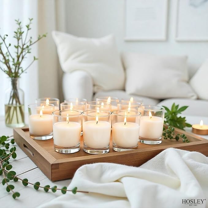 Hosley 20-Pack White Unscented Votive Candles in Clear Glass Holders Hand Poured Wax for Timeless Elegance and Versatile Décor Illuminate Every Moment