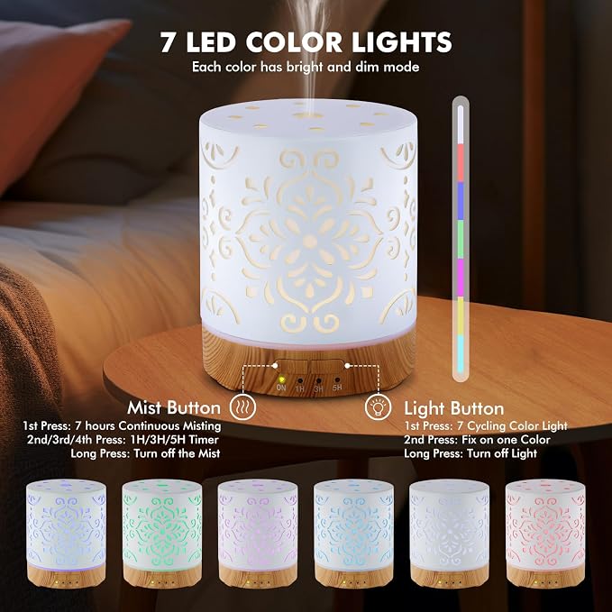 EQUSUPRO Essential Oil Diffuser 300ML Metal Aromatherapy Diffuser for Home with Auto Shut-Off & 4 Timers, Ultrasonic Humidifier with 7 Colors Lights for Large Room, Home Office Décor