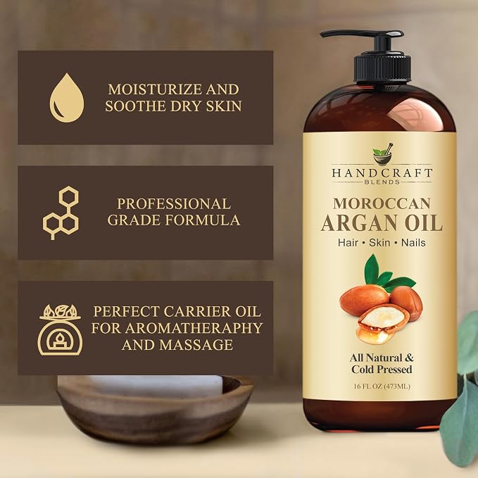 Handcraft Blends Moroccan Argan Oil - 16 Fl Oz - 100% Pure and Natural - Premium Grade Carrier Oil for Skin and Hair - Hair and Body - Massage - Cold-Pressed