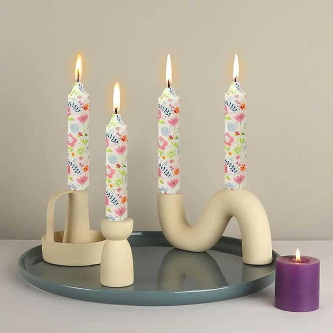 7 inch Short Candle Floral Candle Sticks Printed Candlestick Handmade Unscented Taper Candle 4 Pack Cute Flower Tapered Candles for Home Dinner Wedding Holiday