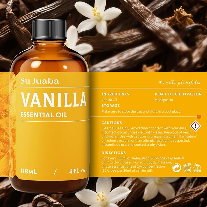 SU JUABA Vanilla Essential Oil - 4 Fl Oz | for Diffuser, Body Oil, Skin Care, Perfume, Soap Candle Making, Aromatherapy - 118ML