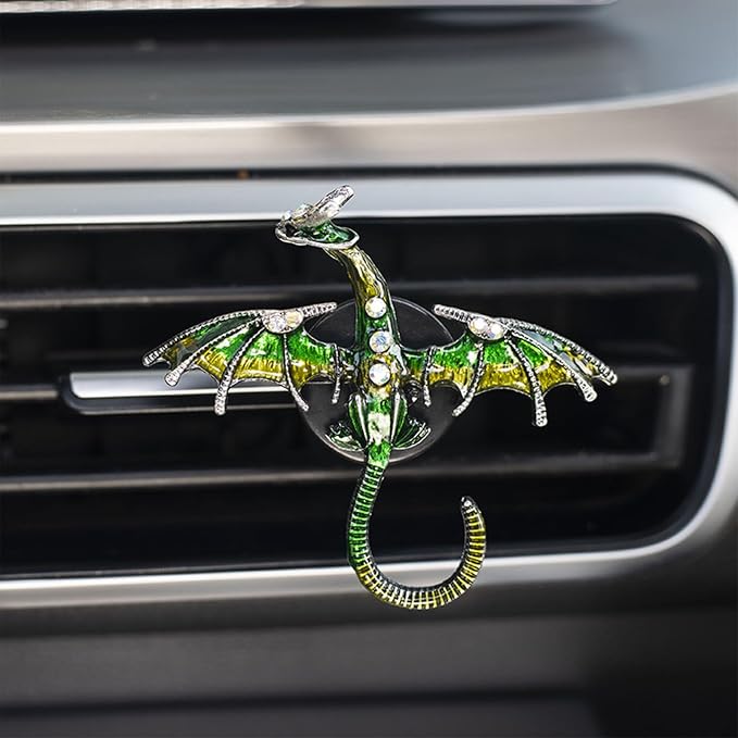 ORIESSE Dargon Air Vent Clips Car Air Freshener 2pcs Bling Green Dragon Car Accessories Enamel Fire Dragon Wyvern Vent Clips Refillable Essential Oil Outlet Diffuser Gothic Decor