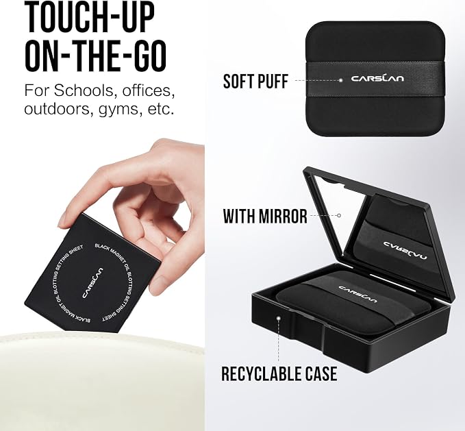 CARSLAN Makeup Blotting Paper with Powder, Black Magnet Blotting Sheet for Oily & Combination Skin, Portable Compact with Puff & Mirror, Keeps Makeup Fresh All Day, 150 Sheets + 8 Refill Adhesive Pads