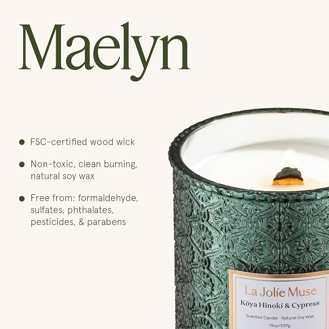 LA JOLIE MUSE Hinoki & Cypress Scented Candle for Home | Pine & Cedarwood | Christmas Winter Holiday | 19 oz Non Toxic Natural Soy | Large Green Jar Candle | Luxury Gifts for Women & Men | Wood Wick