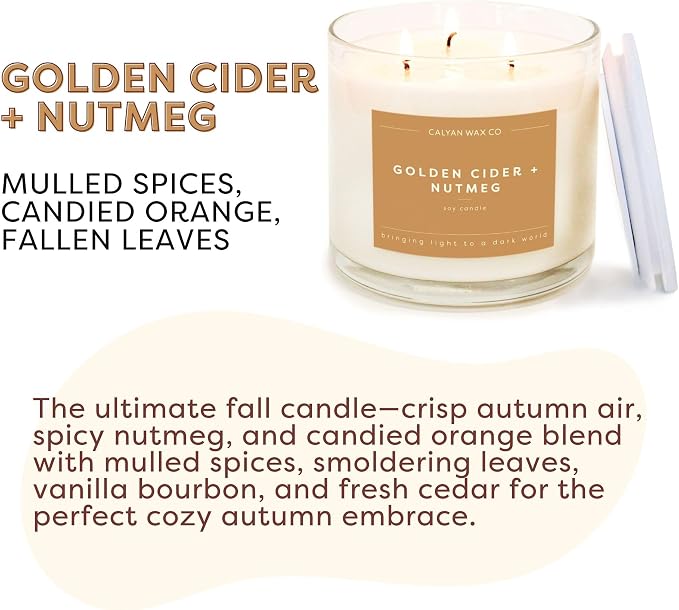 Calyan Wax Co. Golden Cider & Nutmeg 3 Wick Scented Candle - 43 Hour Burn - Luxury 3 Wick Soy Candles - Clean Soy Wax Candles - Long Lasting Large Glass Jar Candle for Home - 14.9oz