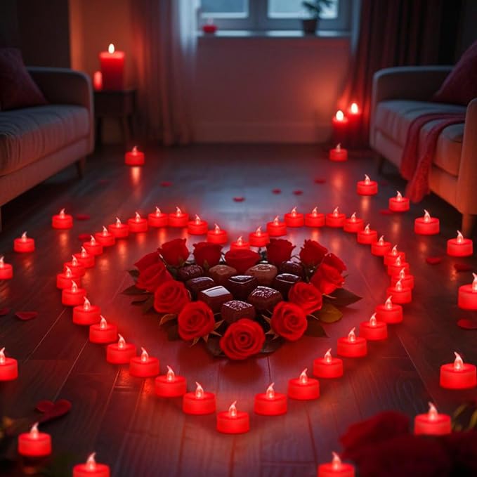 Tea Lights Battery Operated Candles LED Tea Lights Flameless Candles 200+ Hours Flickering Fake Tealights for Sweetest Day Wedding Home Decorations Party (Red Base, 24 Pack)