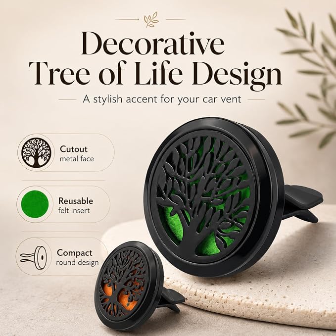 2PCS 30mm Car Aromatherapy Essential Oil Diffuser Stainless Steel Locket with Vent Clip 30 Felt Pads Tree of Life Pattern (Black)