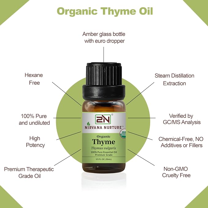 Thyme Essential Oil, USDA Certified Organic, 100% Pure Undiluted, Aromatherapy Oil for Diffuser, Hair & Skin Care
