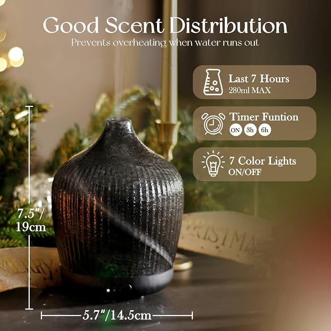 Porseme 280ml Essential Oil Diffuser, Ultrasonic Cool Mist Humidifier with Color Changing, Auto Shut-Off, 6-10 Running Hours, Aromatherapy Glass Diffusers for Home Bedroom, Office, Yoga (Obsidian)