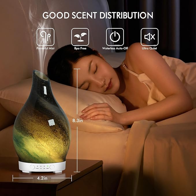 Aromatherapy Essential Oil Diffuser for Home- 150ml Art Glass Diffuser for Essential Oils with Waterless Auto Shut-Off 4 Timer 7 Colors LED Night Light for Home Office Decor Gifts for Women