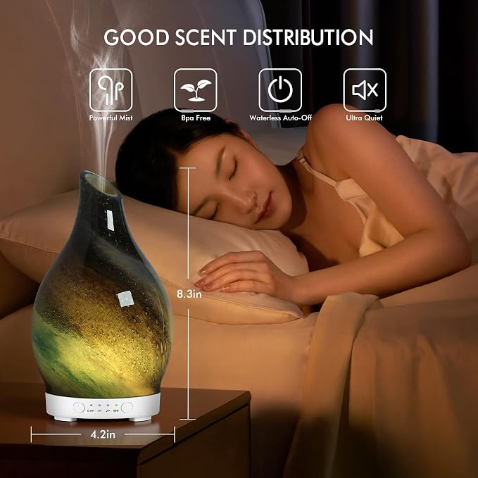 Essential Oil Diffuser 150ML Glass Aromatherapy Diffuser with 4 Timer Settings & 7 Color Changing Lights, Auto Shut-Off, Ultra Quiet Oil Diffuser for Home, Office, Yoga, Spa
