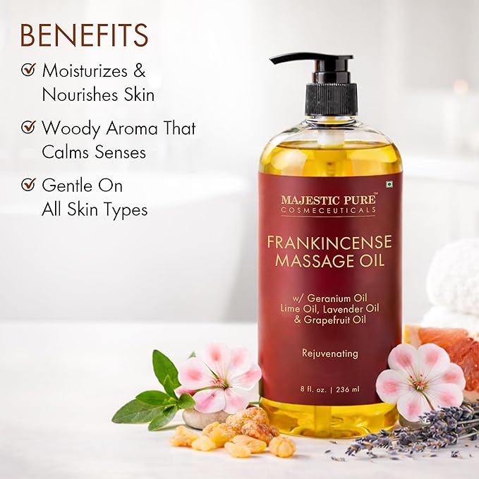 MAJESTIC PURE Frankincense Scar & Stretch Massage Oil for Massage Therapy- Refreshing and Relaxing- Natural Oils with Frankincense Essential Oil- All Skin Types- Men and Women Massage Lotion- 8 fl oz