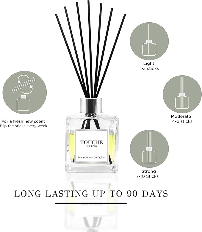 Touche Luxury Natural Reed Diffuser. Long Lasting Scented Home Fragrance. Natural Essential Oil Alcohol-Free. 4.75 OZ. Glass Bottle (Sandalwood & Jasmine - Black Bottle)