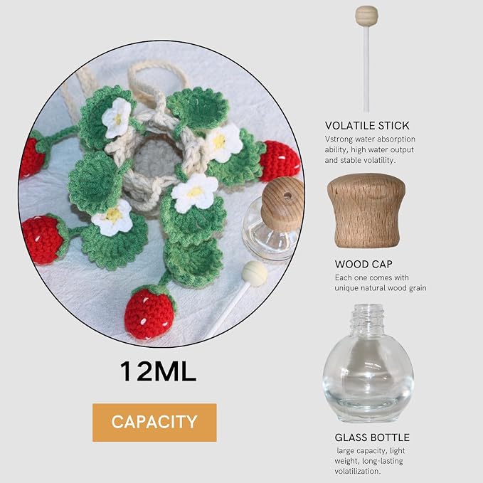 ROFIGL Handmade Crochet Hanging Car Air Freshener - Cute Strawberry Plant Design, 12ml Refillable Thick Glass Bottle, Car Diffuser for Rearview Mirror, Home & Office Decor