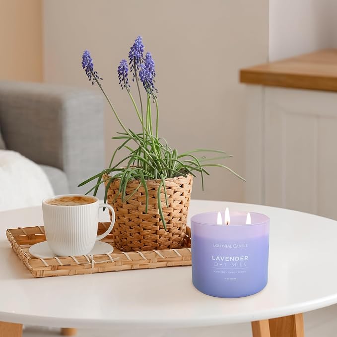 Colonial Candle Lavender Oat Milk Scented Jar Candle, Pop of Color Collection, 3 Wick, 14.5 oz - Up to 60 Hours Burn