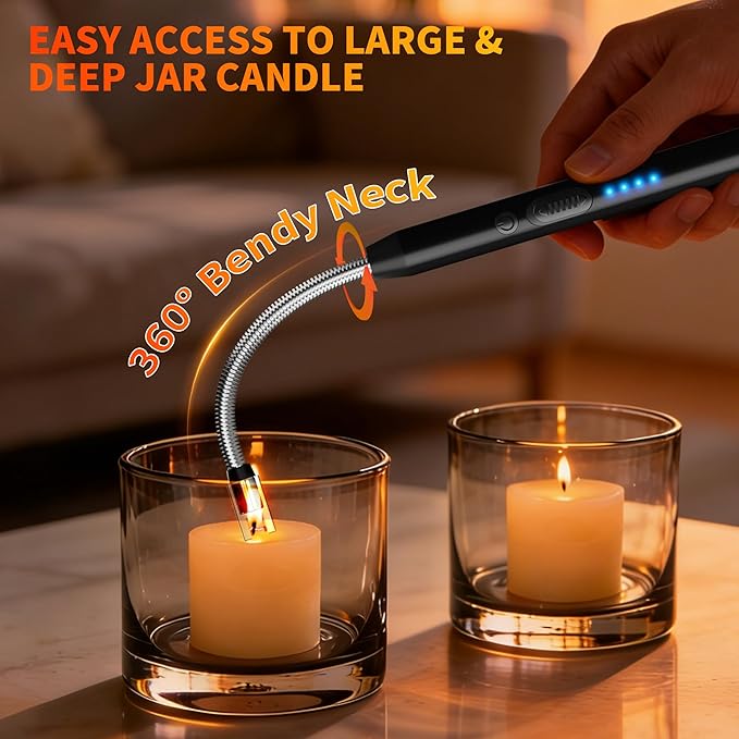 2 Pack Rechargeable Type C Electric Lighters, Black | Flameless and Windproof, Plasma Arc, 360° Long Reach Flexible Neck, LED Power Display, For Candles, BBQ Grill & Camping
