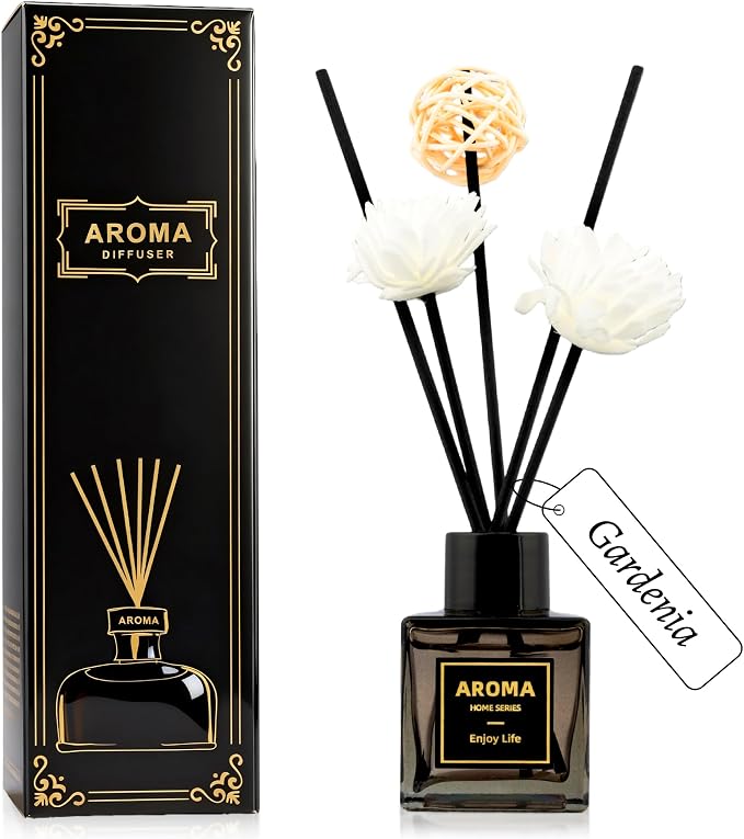 Black Glass Bottle Scent Diffuser, 1.7 oz Reed Diffuser with Sticks, Home Fragrance for Bookshelf, Bedroom Vanity, Office Desk & Bathroom Decor, Air Freshener for Aesthetic Room Decor (Gardenia)