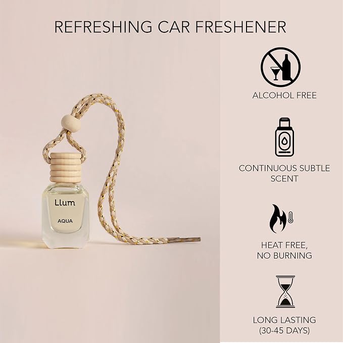 Llum Aqua Hanging Car Air Freshener – Luxury Automotive Perfume Diffuser 10ml (0.34 fl oz), Long-Lasting Fragrance, Alcohol-Free Non-Toxic Car Scent, Glass Bottle With Wood Cap