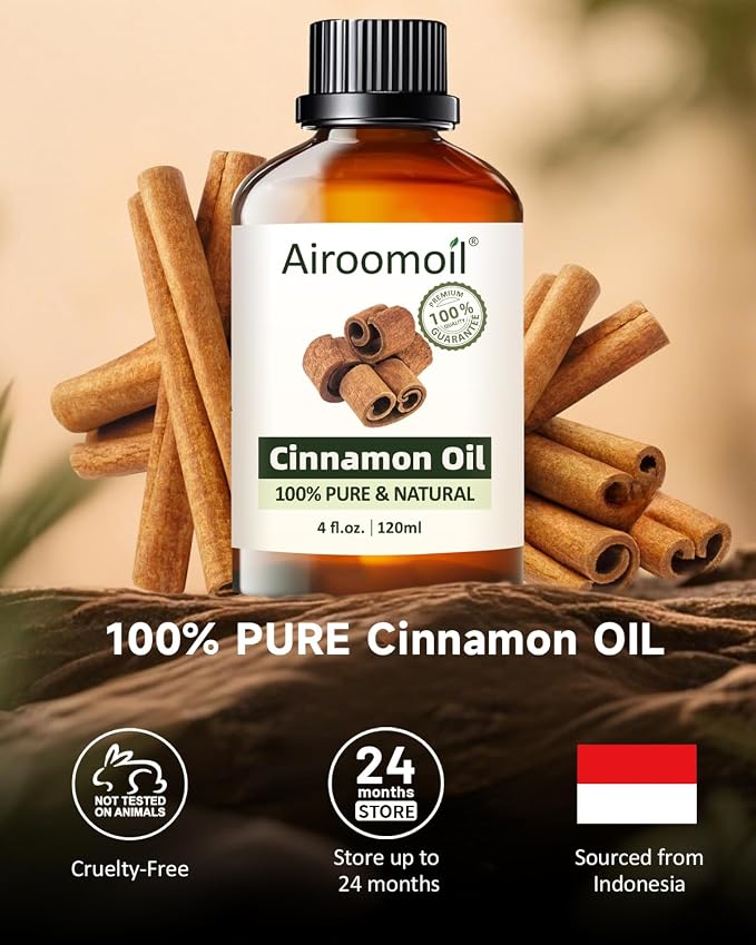 Cinnamon Essential Oil 4 fl oz (120ml) – 100% Pure Natural Cinnamon Bark Oil, Warm Cozy Scent for Water Diffuser, Massage, Hair & Skin Care, DIY Candle & Soap Making – Large Value Bottle