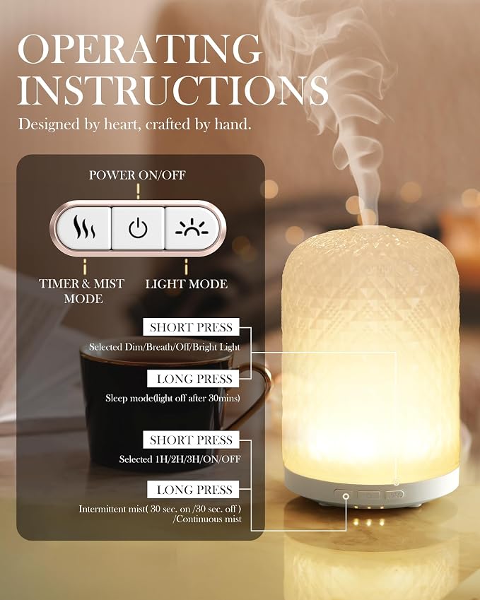Essential Oil Diffuser - 2.4MHz Ultrasonic Glass Diffuser with Pulse/Continuous Mist & Night Light, Waterless Auto-Off, Silent Aromatherapy Diffuser for Home, Office, Yoga, Spa, Gifts & Home Decor.